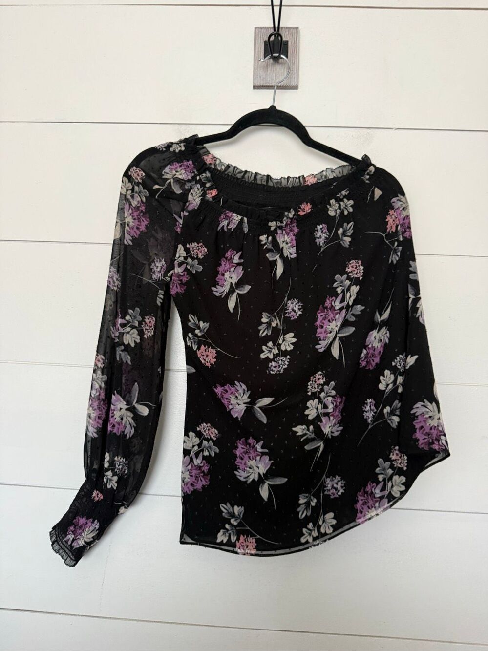 White House Black Market Women’s XS Black Floral One Shoulder Top Blouse